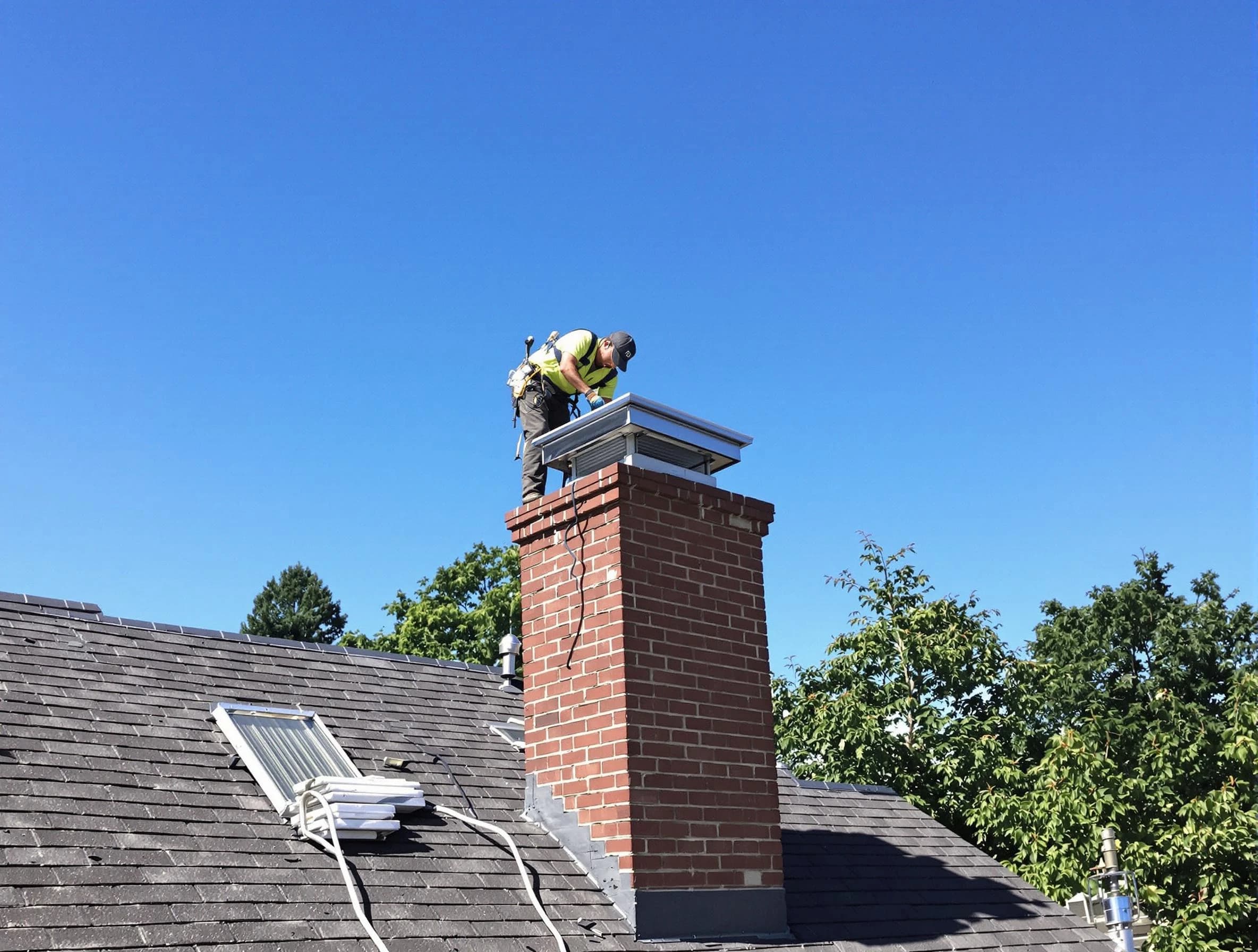 Greensburg Chimney Sweep technician measuring a chimney cap in Greensburg, PA